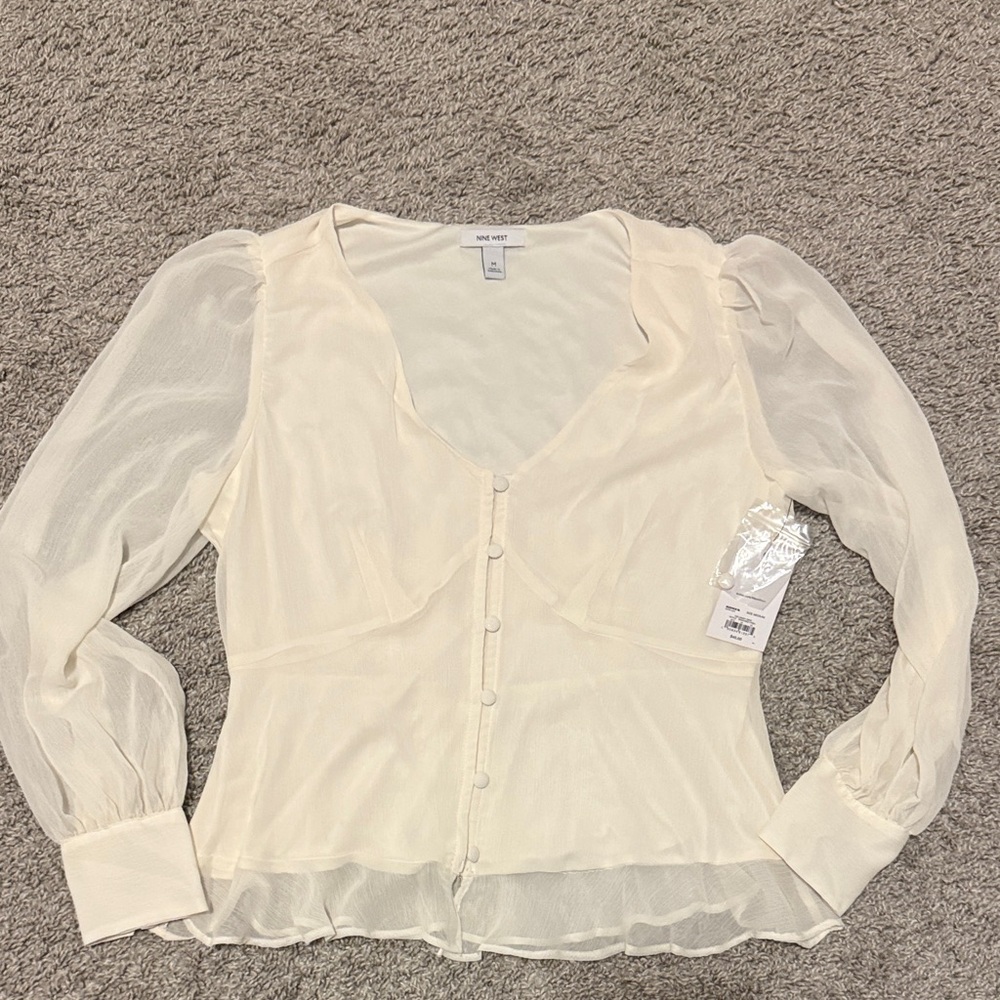 Nine West Cream Sheer Button-Up Blouse